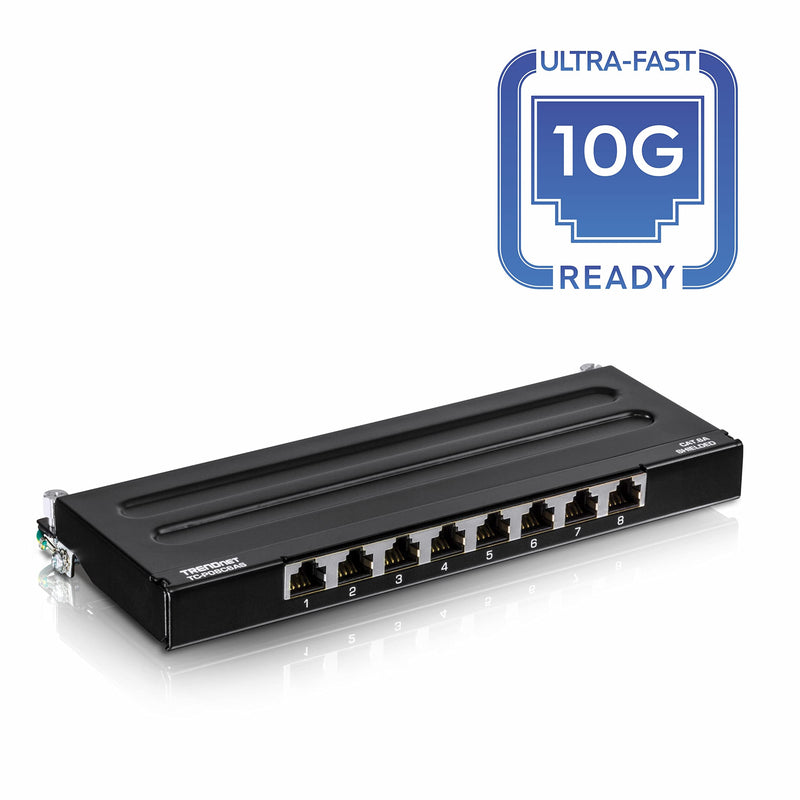 TRENDnet 8-Port Cat6A Shielded Patch Panel, Wall Mount Ready, 10G Ready, Cat5e,Cat6,Cat6A Compatible, Metal Housing, Color-Coded Labeling for T568A & T568B Wiring, Cable Management, Black, TC-P08C6AS 8 Port