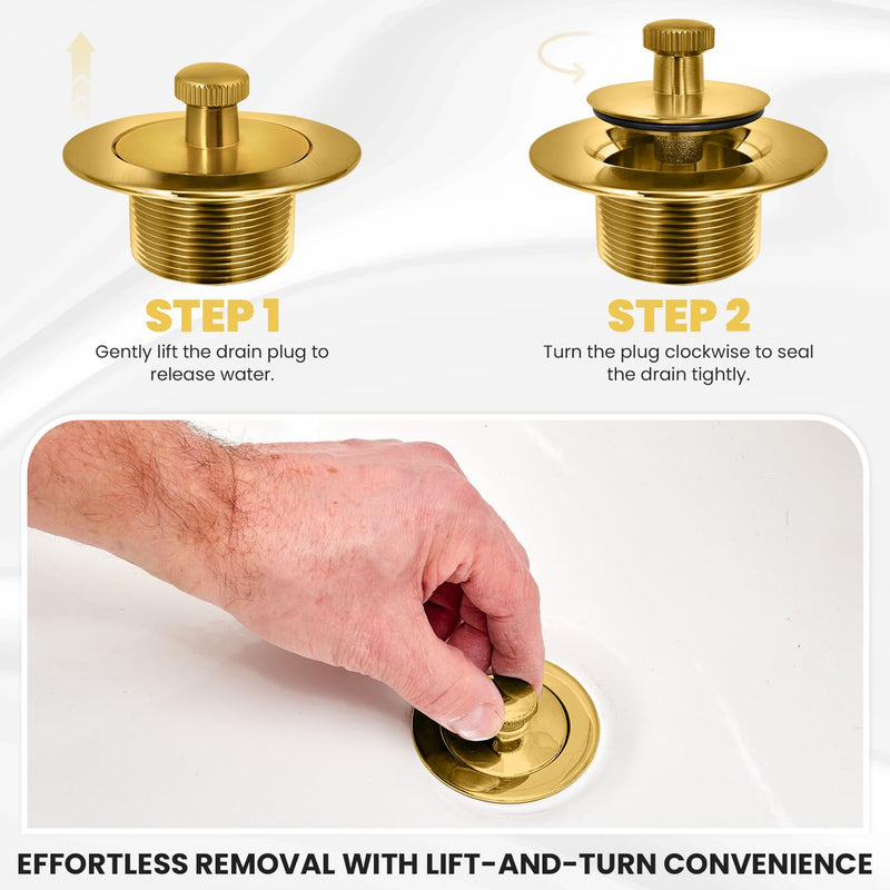 Brushed Gold Bathtub Drain - Lift and Turn - Gold/Brass Tub Drain, Overflow Drain Cover, and Tub Drain Replacement Kit - Solid Brass - Professional Grade - Fits 1-3/8" and 1-1/2" Brushed Gold