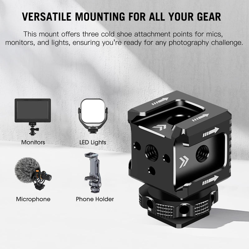 Triple Cold Shoe Mount with 1/4" Thread, Aluminum Camera Hot Shoe Extension Bracket with 3 Port Cold Shoe Mounts for LED Video Light Monitor Microphone Camera Cage (62011)