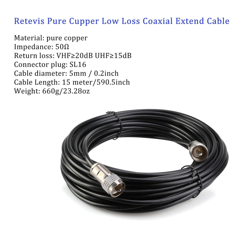 Retevis Coaxial Cable Low Loss Pure Cupper Coax Extend Cable with SL16 Connector Compatible RT97 Repeater Two Way Radio Ham Radio (15 Meters, 1 Pack)