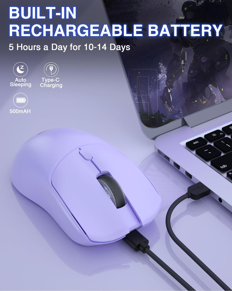 AULA SC580X Wireless Gaming Mouse, Tri-Mode 2.4G/BT5.0/USB-C Gaming Mouse, 10000 DPI Rechargeable Wireless Mouse with 6 Programmable Buttons, Ergonomic Computer Mouse for Laptop/PC/Mac/Tablet Light purple