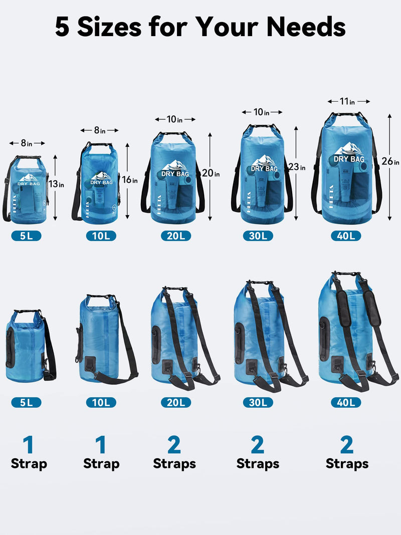 HEETA Dry Bag Waterproof for Women Men, 5L/10L/20L/30L/40L Roll Top Lightweight Dry Storage Bag Backpack with Phone Case for Travel Swimming Boating Kayaking Paddle Board Camping Beach Accessories Blue 10L