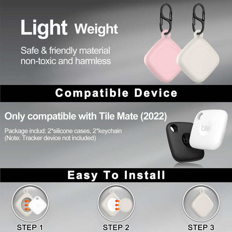 [2 Pack] for Tile Mate Case 2022 with Waterproof Cover, Soft Silicone Case for Tile Tracker, Full Body Protective Cover for Tile Mate Holder, Hidden Tile Key Finder with Carabiner (Off White+Pink) Off White+Pink