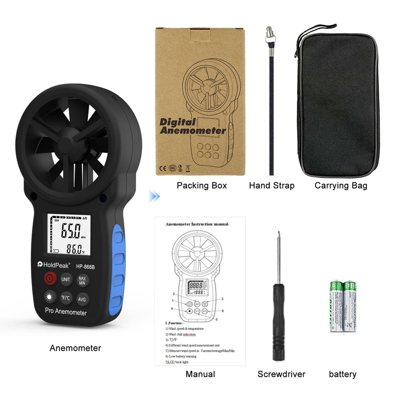 BT100 Digital Anemometer Handheld Wind Speed Meter for Measuring Wind Speed, Temperature/Wind Chill with Backlight and Max/Min (866B)