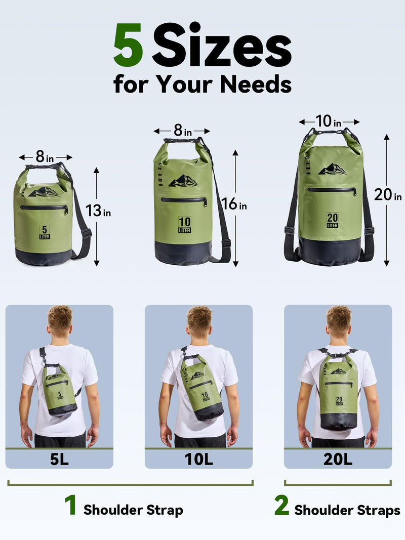 HEETA Waterproof Dry Bag with Front Zippered Pocket for Women Men, 5L/10L/20L/30L/40L Roll Top Lightweight Dry Storage Bag Backpack for Travel, Kayaking, Boating, Rafting, Camping, Hiking & Beach Green 10L