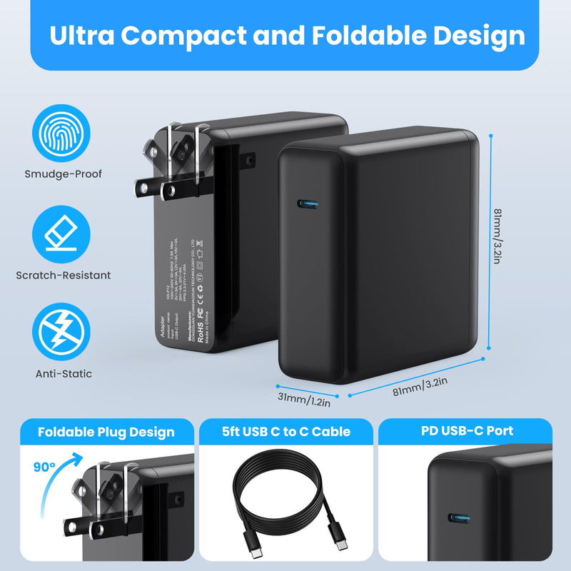 Mac Book Pro Charger - 120W USB C Charger Fast Charger, Compact Laptop Charger Adapter Compatible with USB C Port MacBook Pro/Air, iPad Pro, Samsung Galaxy and All USB-C Devices (Black) Black