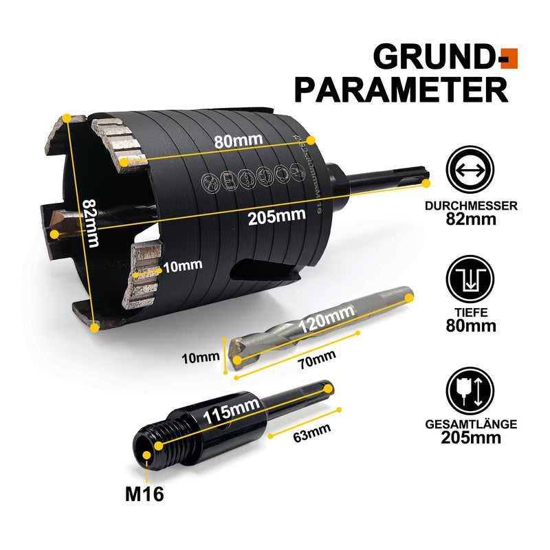 Diamond Core Drill Bit Set 82mm | Drill bit 82 mm segment height 10 mm, side slotted, M16 SDS Plus can drill with center drill of concrete, masonry and stone Black side slit Ø82x80mmxM16