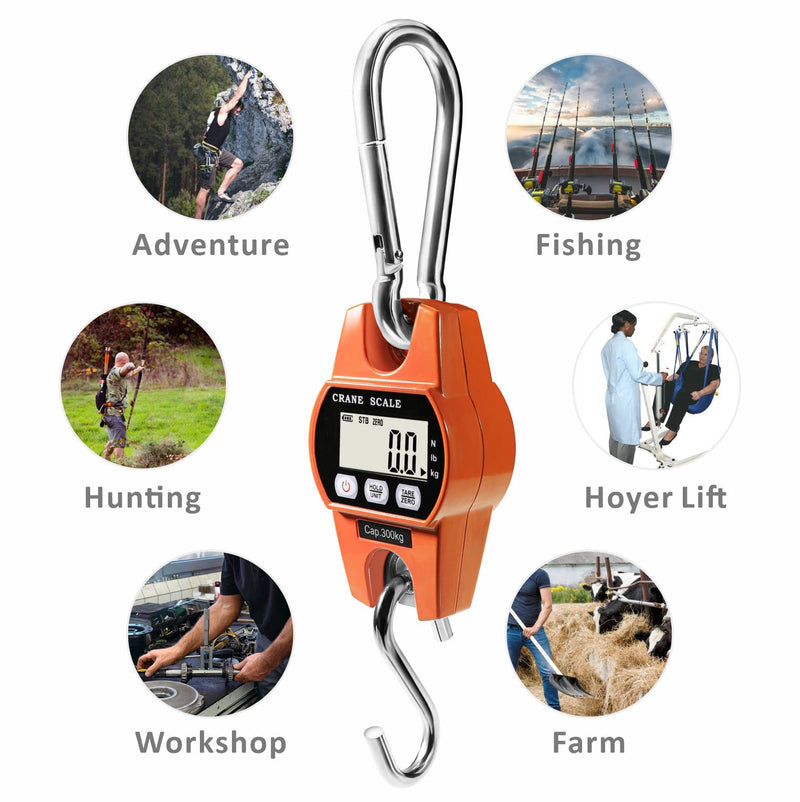 GRAM PRES Digital Hanging Scale 660 Lb 300 Kg Hanging Digital Scale, Handheld Mini Crane Scale with Hooks for Farm Hunting Fishing Outdoor Orange