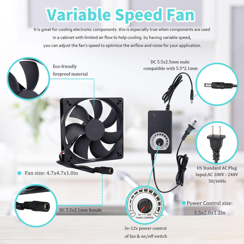 Computer Fan with AC Plug, Variable Speed 120mm AC Fan 110V 120V 220V 240V, for Terrarium Receiver Amplifier Xbox DVR Component Cooling