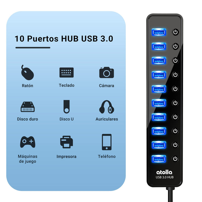 Powered USB 3.0 Hub, atolla 10 Ports USB Data Hub Splitter with Individual ON/Off Switches and 12V/2.5A Power Adapter USB Extension for Mouse, Keyboard, Hard Drive or More USB Devices