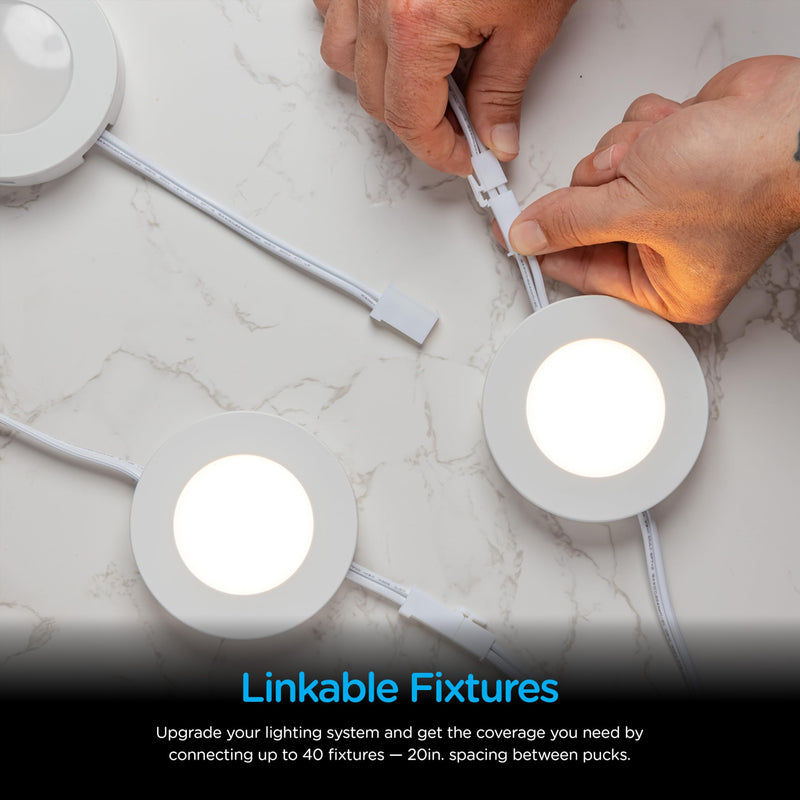 Enbrighten Recessed Surface LED Puck Lights, 3 Pucks, Under Cabinet Lighting, 690 Lumens, Five White Settings from (2700K-6500K), Linkable, Under Counter Lighting, Kitchen, Counter, Indoor, 81812-T1