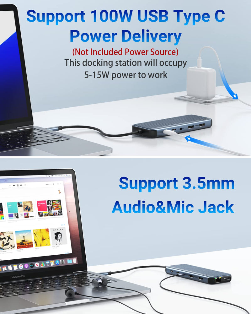 USB C Docking Station for 8K Single Monitor Display, 4K Triple Monitors Display with Dual HDMI, DisplayPort, USB 3.1, USB C 3.1, 2*USB 2.0, SD & MicroSD Slot, Audio & Mic Jack, Ethernet, PD Charging