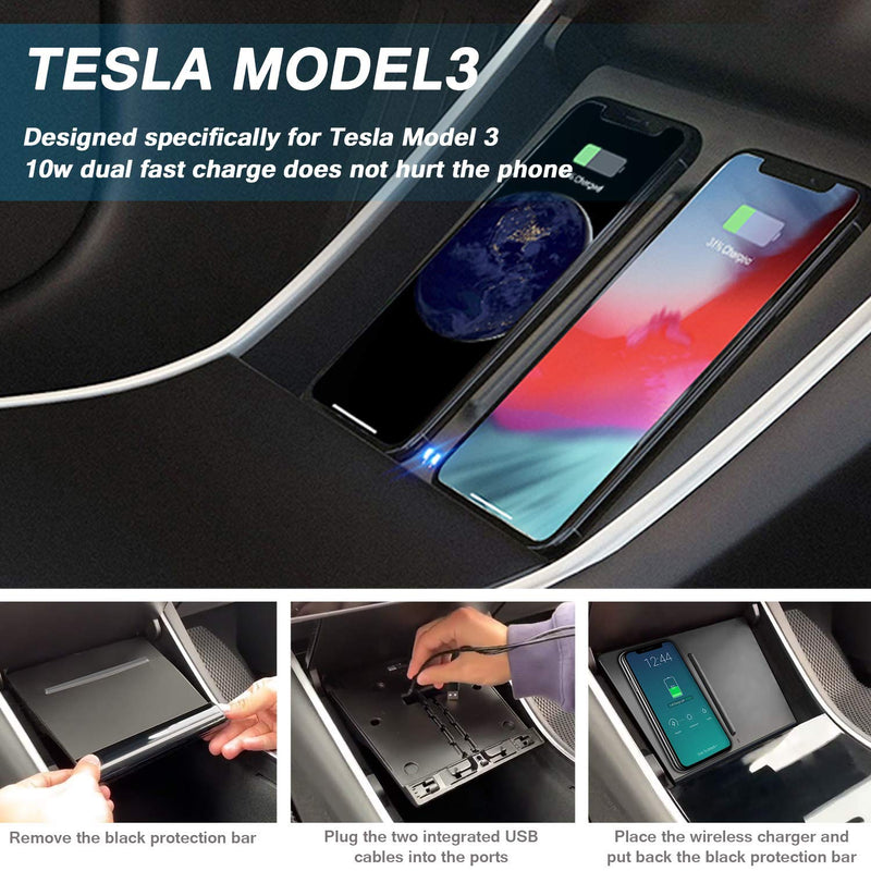 VXDAS Wireless Charger, Dual 10W QI Wireless Phone Charging Pad M3 Car Center Console for Tesla Model 3 Accessories Panel with 7pcs Custom Cup Mat Center Console Liner mat-Upgrade