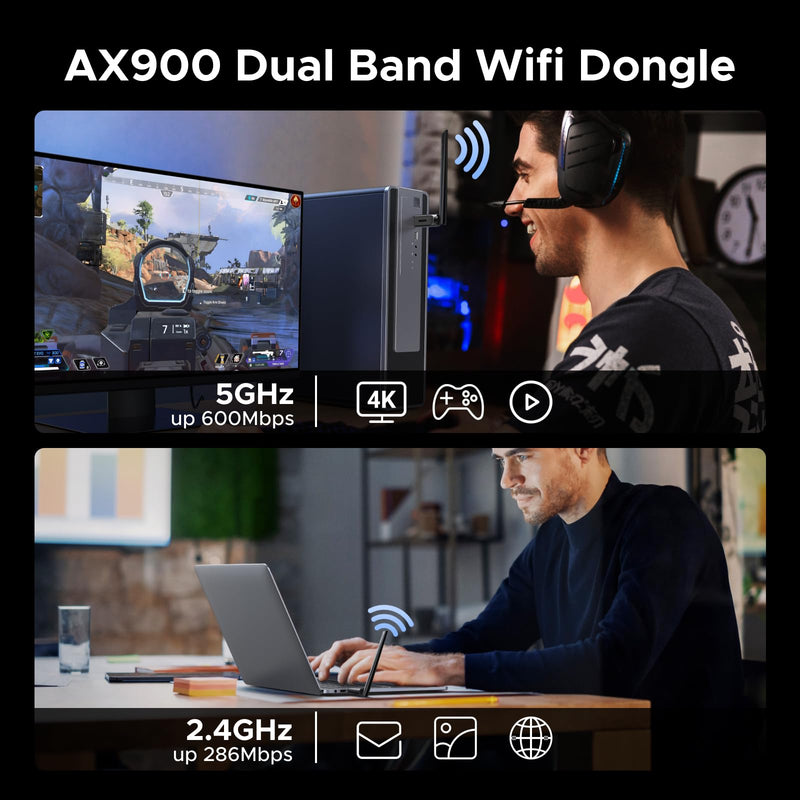 UGREEN 2-in-1 USB Bluetooth WiFi Adapter, AX900 + Bluetooth 5.4 WiFi 6 Adapter for Desktop PC with 5GHz/2.4GHz Dual Band, 6dBi High Gain Antenna, Built-in Driver for Windows 10/11