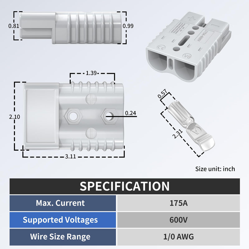 175Amp Battery Quick Connect/Disconnect Connector,12V Wire Harness Plug Connector Kit,2 to 4 Gauge Quick Disconnect Battery Terminal for Car Winch Trailer - 2 Pack Gray 175A