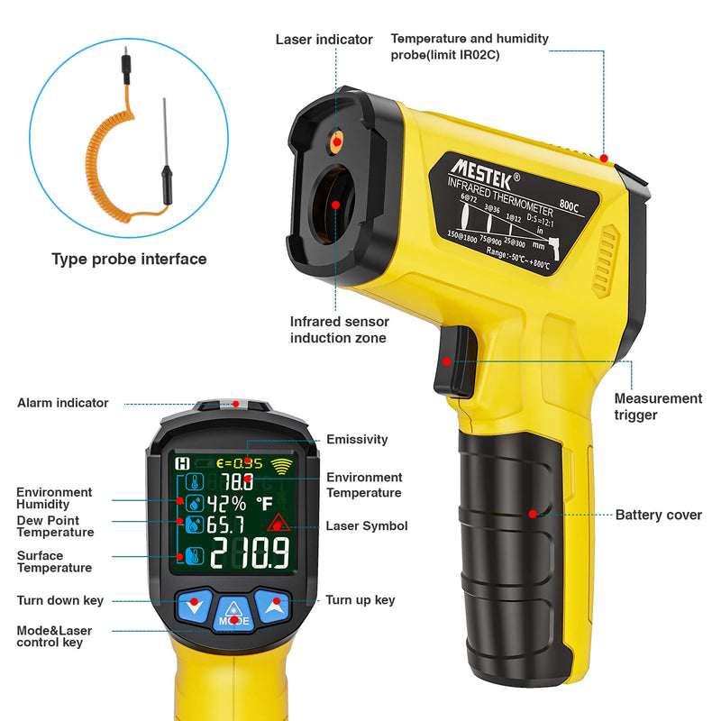 Infrared thermometer laser MESTEK temperature measuring device with K-probe IR pyrometer -50°C to 800°C non-contact color LCD alarm function adjustable emissivity for kitchen