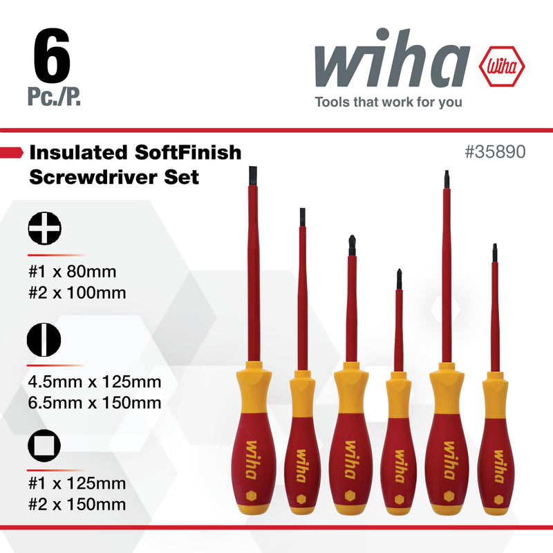 Wiha 35890 Insulated Slotted Phillips and Square Screwdriver Set, 6-Piece