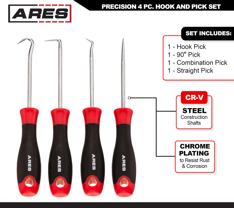 ARES 70256 - Precision Hook and Pick Set - 4-Piece Set Includes Precision 90 Degree, Hook, Combination and Straight Hooks and Picks - Chrome Vanadium Steel Shaft - Easily Remove Hoses and Gaskets