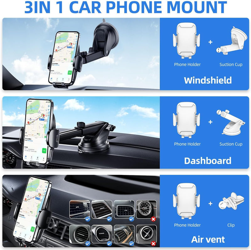Car Phone Holder, Car Phone Mount 360° Rotation, Upgraded Version with Strong Suction Power,Car Phone Cradle for Dashboard/Windscreen/Air Vent, Car Phone Holder for all 4.1''-7.1'' phones-Black Black