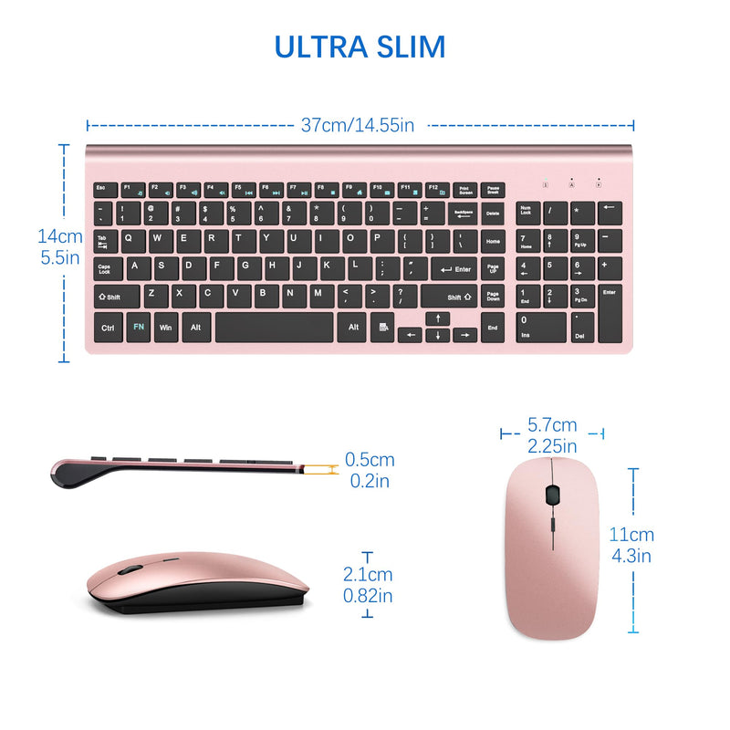 TopMate Wireless Keyboard and Mouse Ultra Slim Combo, 2.4G Silent Compact USB Mouse and Scissor Switch Keyboard Set with Cover, 2 AA and 2 AAA Batteries, for PC/Laptop/Windows/Mac - Rose Gold Black