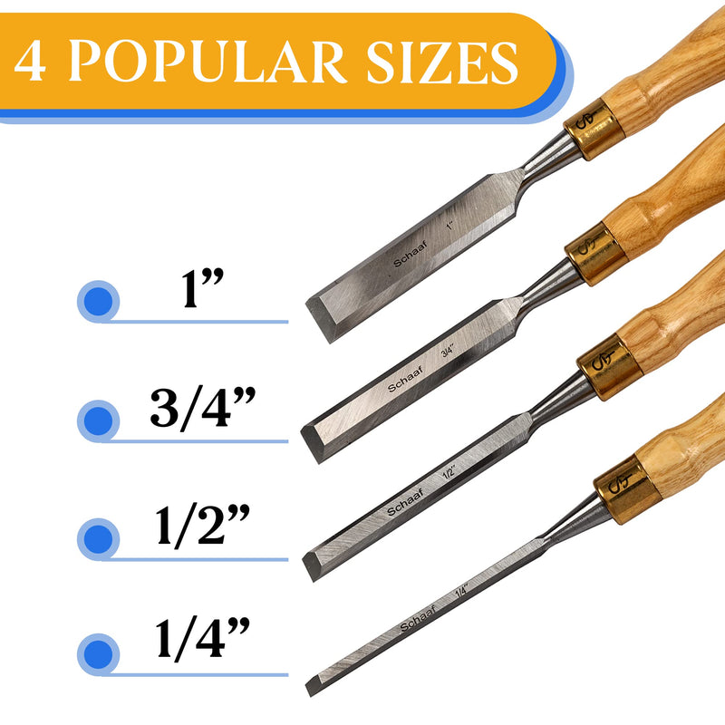 Finely Crafted Wood Chisel Set, 4 High-Performance Woodworking Chisels with Durable, Sharp CR-V Steel Blades Tempered to 60HRc, Chisel Set with Tool Roll from Schaaf Wood Carving Tools