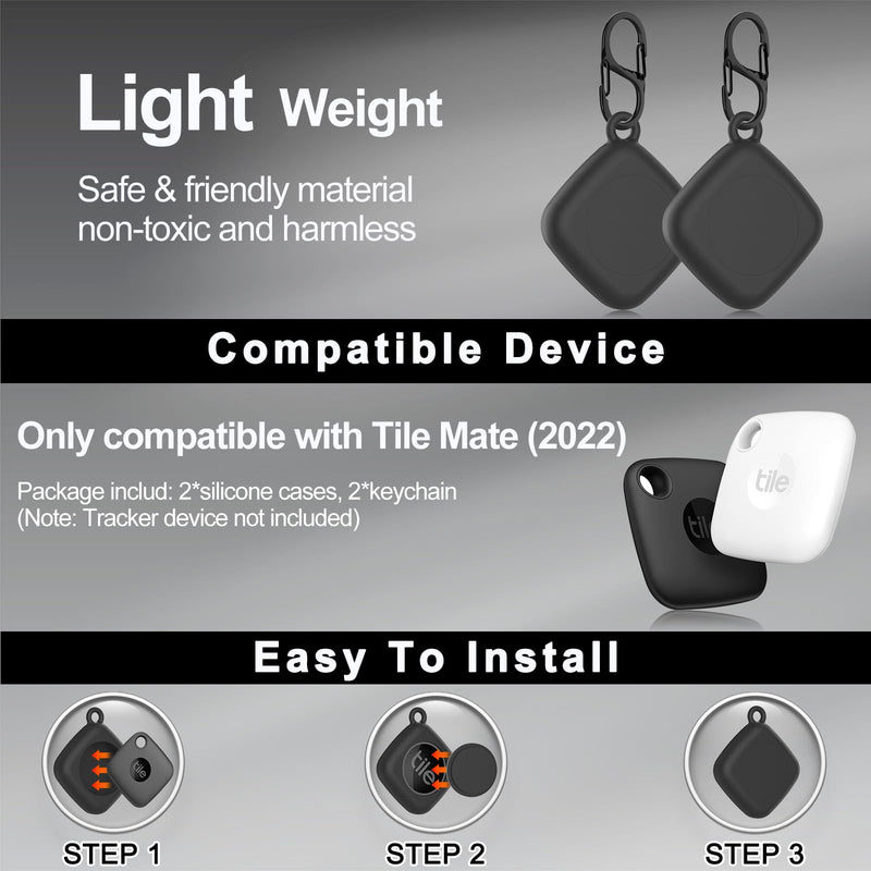 [2 Pack] for Tile Mate Case 2022 with Waterproof Cover, Soft Silicone Case for Tile Tracker, Full Body Protective Cover for Tile Mate Holder, Hidden Tile Key Finder with Carabiner (Black+Black) Black+Black