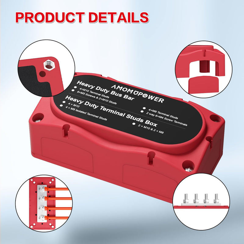 300A Bus Bar 12v Power Distribution Block 4 x 5/16"(M8) Terminal Block Heavy Duty Waterproof Buss Bar Junction Block Marine Battery Bus bar for Automotive Boat Solar System(Red) M8 Red