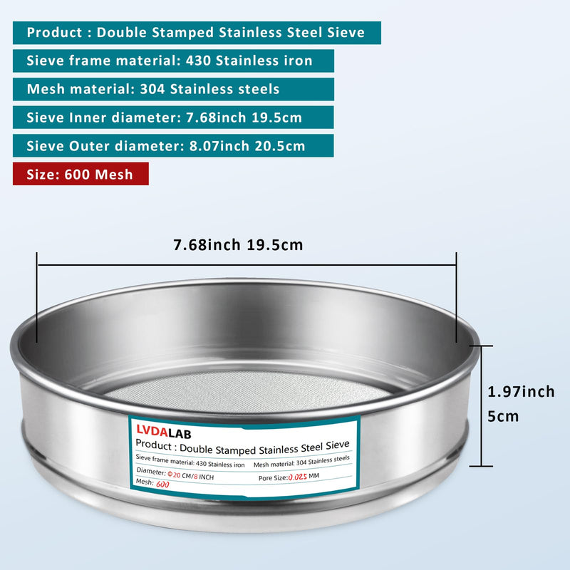 304 Stainless Steel Mesh Lab Sieve, 600 Mesh(0.025mm) Aperture Test Sieve, 7.9Inch(20cm) Diameter Economy Standard Analysis Sample Test Sieves for Industrial Laboratory Homes 600Mesh(0.025mm)/Ф7.9in