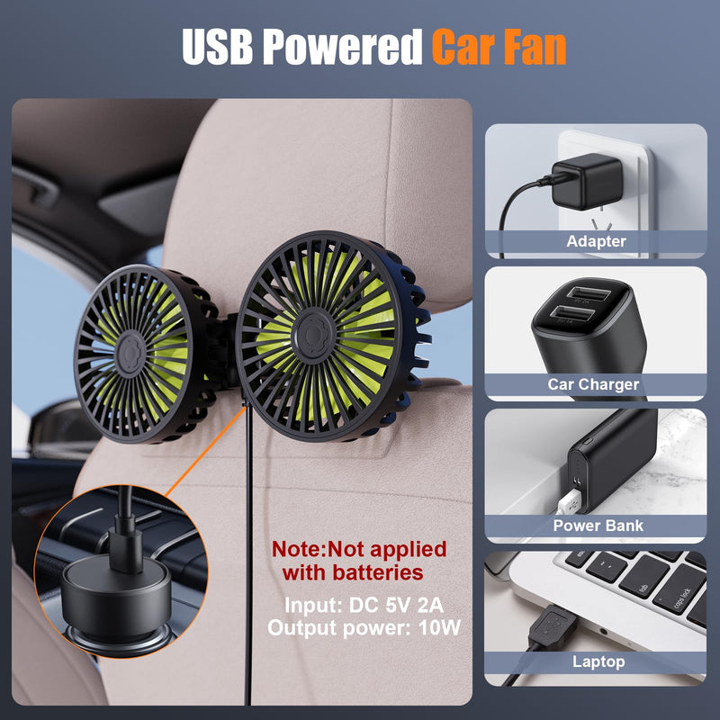 USB Car Cooling Fans for Backseat: Dual Head Car Fan for Kids 3 Speeds 360° Rotatable Vehicle Rear Headrest Fans 5V Powerful Electric Air Circulation Fan for Sedan SUV RV Truck