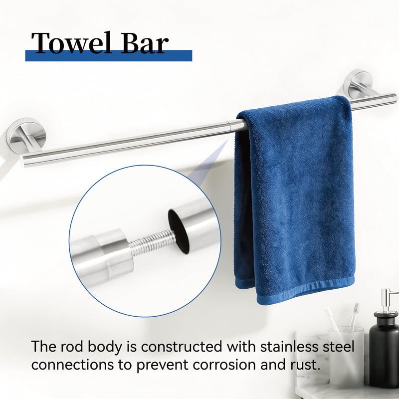 HOMOTEK 4 Pieces Bathroom Accessories Hardware Set, 24 inch Towel Bar, Towel Ring, Robe Hook, Toilet Paper Holder, Stainless Steel Rack Kit Wall Mounted, Brushed Stainless Steel 1 Pack