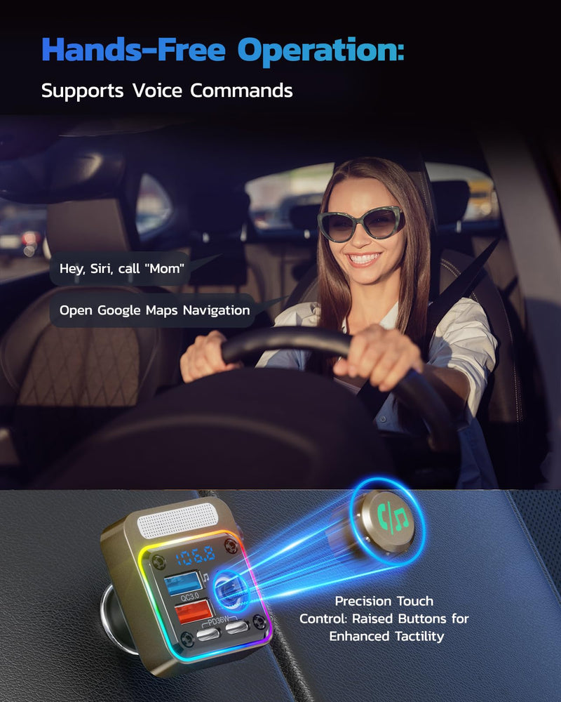 Nulaxy 54W Bluetooth 5.3 Car Adapter with 4 Charging Ports [PD 36W & QC3.0 18W], Wireless Radio FM Transmitter with Deep Bass Player & 5 Colors LED Backlit, Hands-Free Calling - Gold