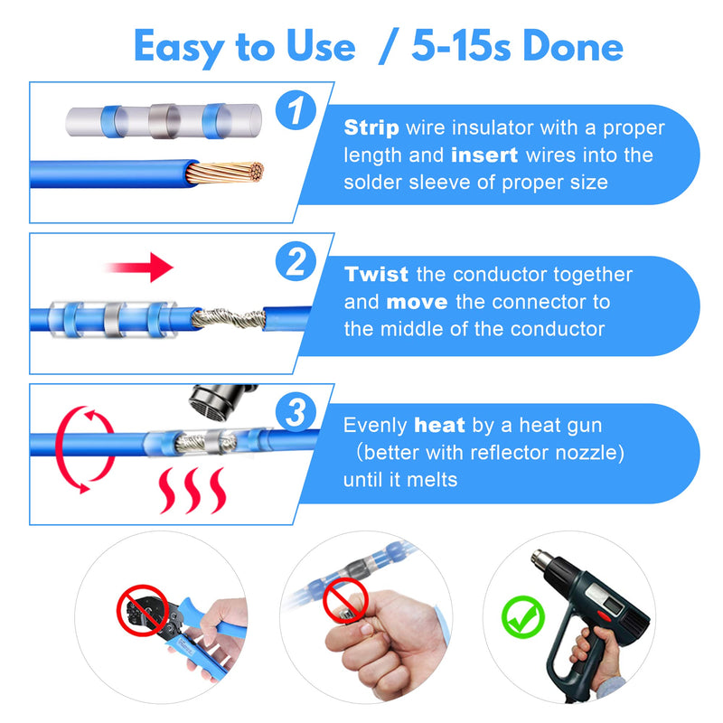 Kuject 500PCS Solder Seal Wire Connectors AWG 16-14, Blue Solder Seal Heat Shrink Butt Connectors Terminals Sleeve Waterproof Wire Splice Connector for Marine Boat Wire Joint AWG 16-14 Blue 500