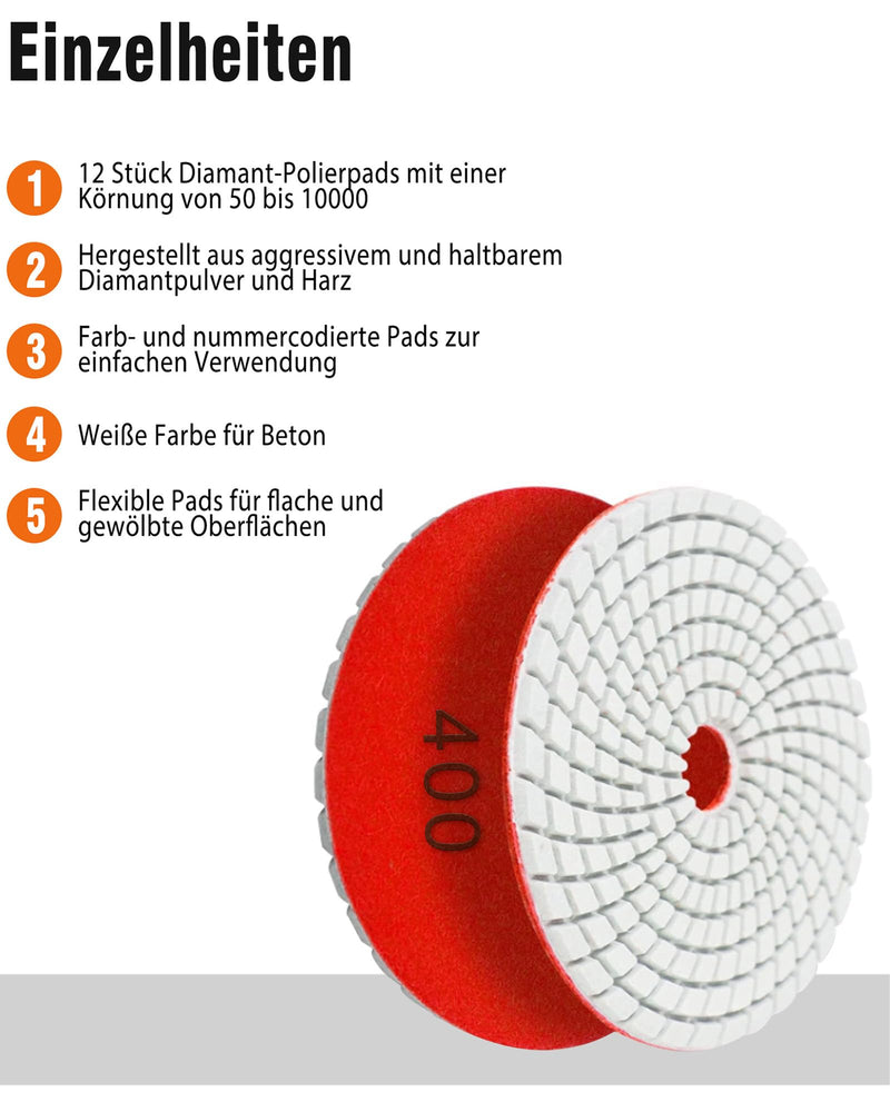 Sanding Disc Polishing Set 125 mm Dry Polishing Discs Pack of 16 | Marble Polishing Kit with M14 Rubber 50#-10000# Backing Pad Sandpaper for Concrete Granite Stone Marble 16pcs-125mm