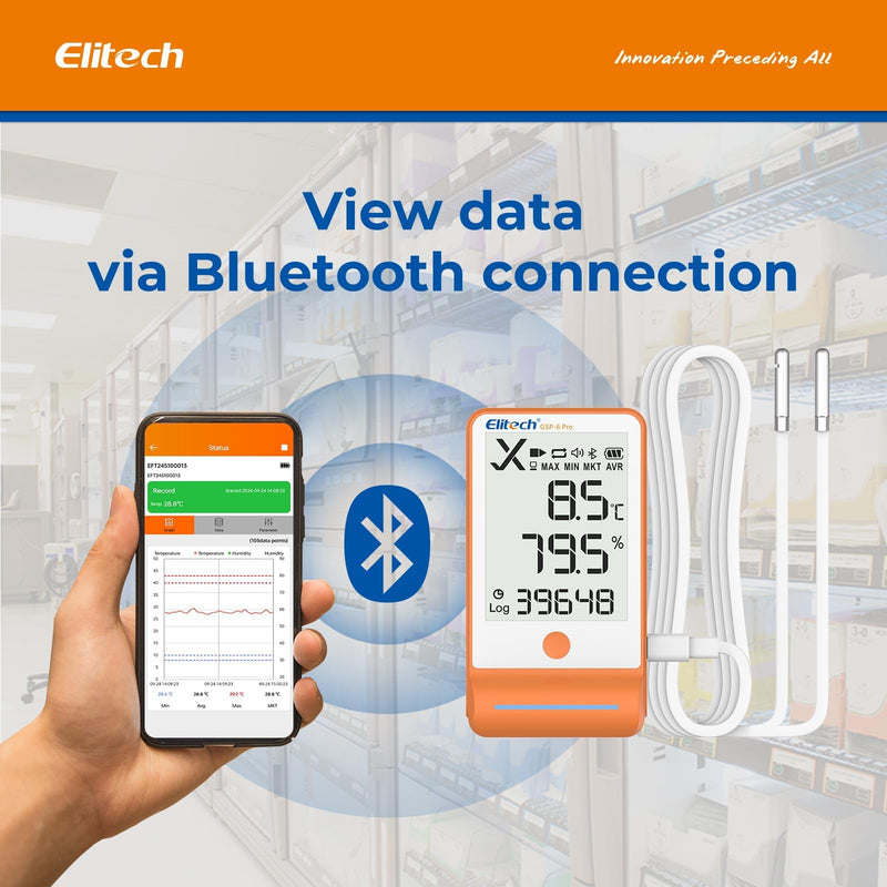 Elitech GSP-6 Pro-TE+THE Temperature Data Logger, Temperature and Humidity Data Logger, Large Storage Capacity, External Sensor, Alarm Function, Free Data Export Software Temperature logger GSP6 Pro latest