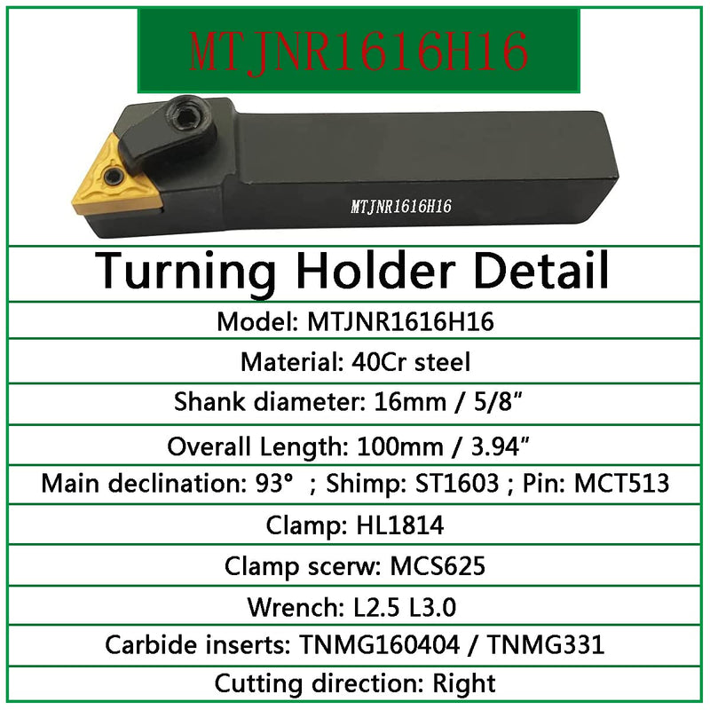 5/8 Inch Lathe Excircle Indexable Carbide Turning Tool Holder MTJNR1616H16 + Metal Lathe Internal Boring Bar S16Q-MTJNR16 + Indexable Carbide Turning Inserts TNMG331(TNMG160404).
