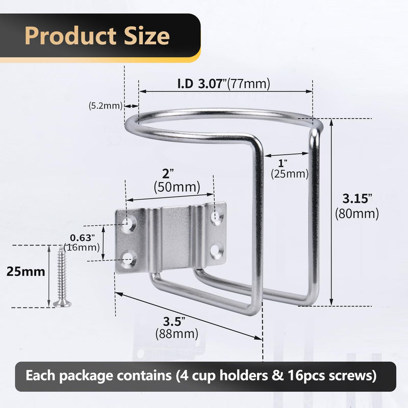 4 pcs Boat Cup Holder,Stainless Steel Universal Drink Holders,Suitable for Boat,Truck,RV,Tractor,Outdoor Wooden Swing. (Silver) Silver
