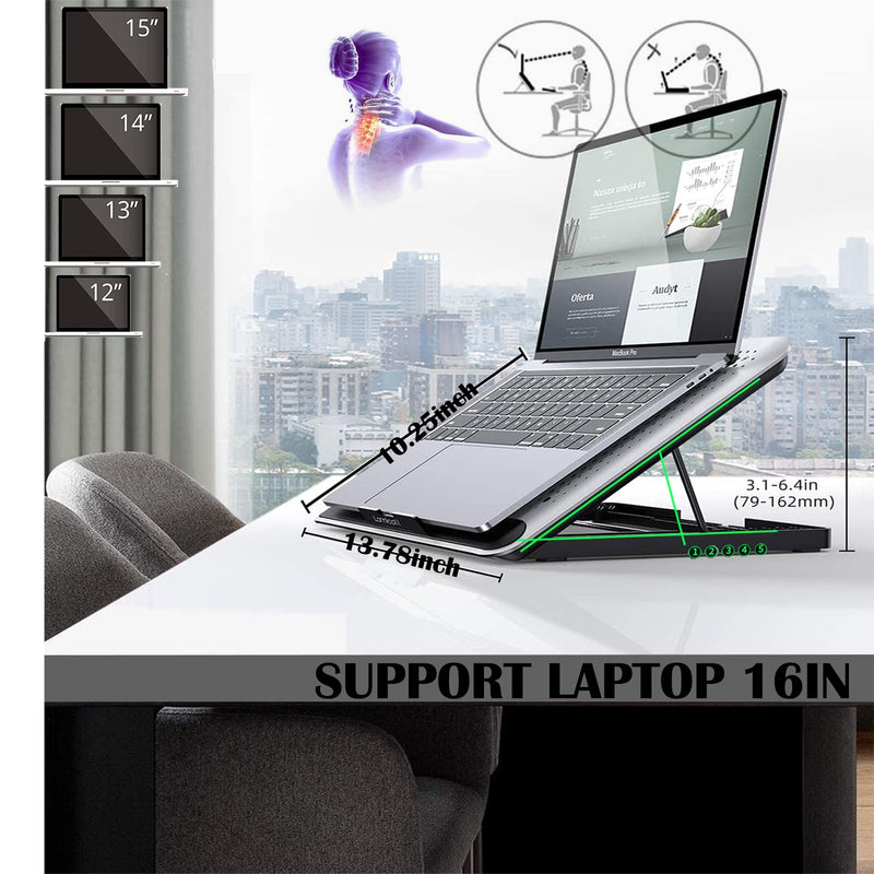 16inch Single Fan Lap Chill Mat - Aluminum Panel Laptop Cooling Pad, Heat Protection Laptop Cooler, Adjustable Foldable Long Stand, Fans Switch with dimmable-Speed, USB-A Connection Laptop Fan Silver Single-fan.