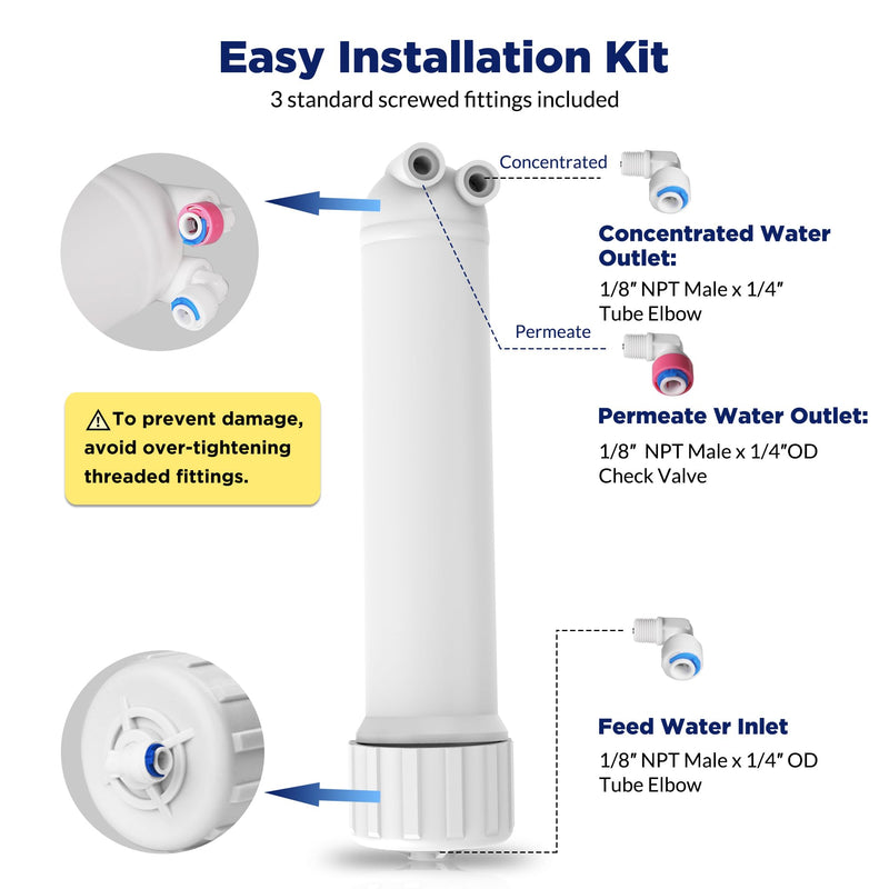 Membrane Solutions 1812/2012 24-150 GPD RO Housing Kit, Reverse Osmosis Membrane Filter Housing Replacement with Elbow Fittings, Housing Wrench, Check Valve 1812/2012 (for 24 - 150 GPD)