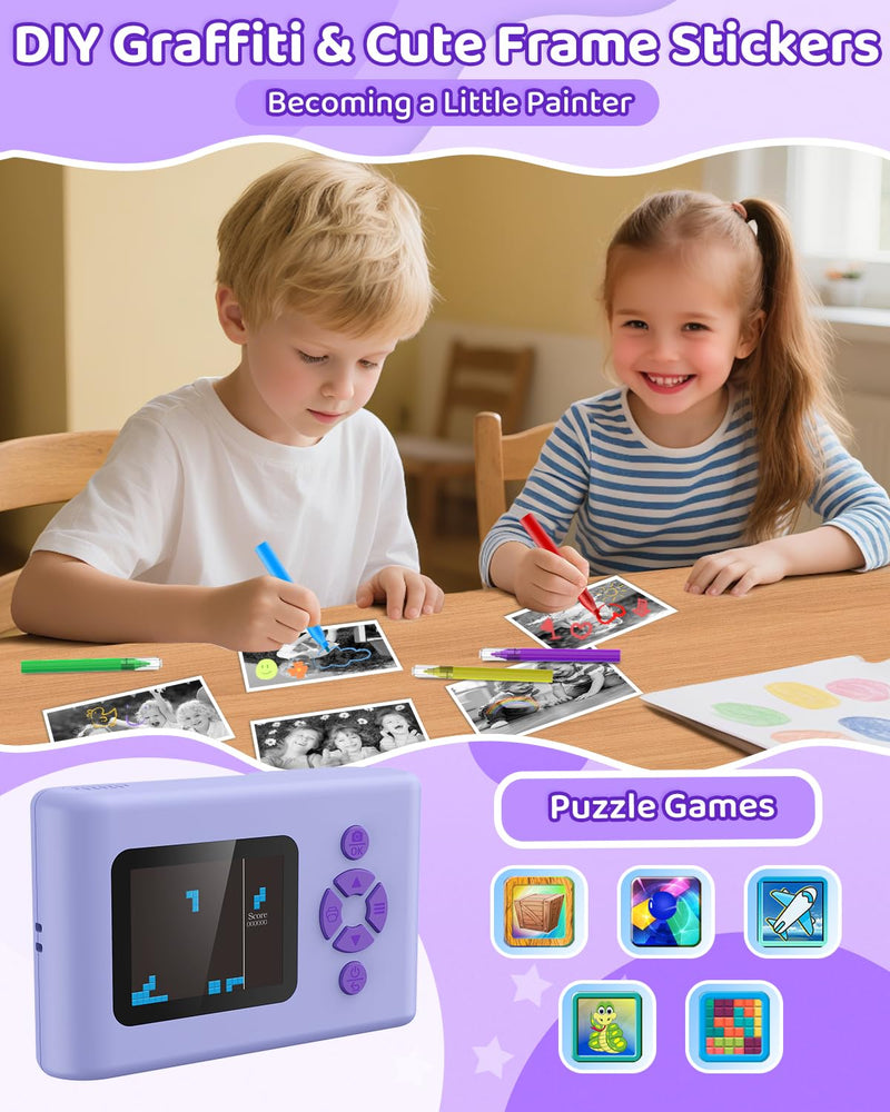 Kids Camera Instant Print, 20MP 1080P Video Instant Print Camera for Kids with 32GB SD Card, 240 Photos Printing, Face Recognition, ABS Durable, Christmas Birthday Gifts for Ages 3-12 Purple