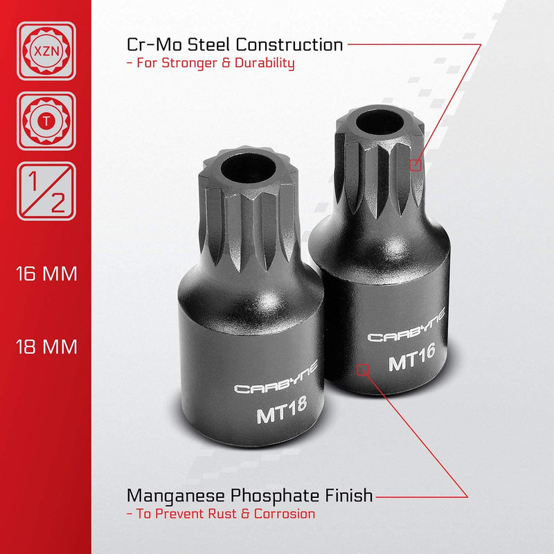 CARBYNE 9-Piece Triple Square Impact Socket Set, XZN Spline Bit, CrMo Steel, Manganese Phosphate Coating, Metric M4 to M18, 1/4 in. 3/8 in. and 1/2 in. Drive