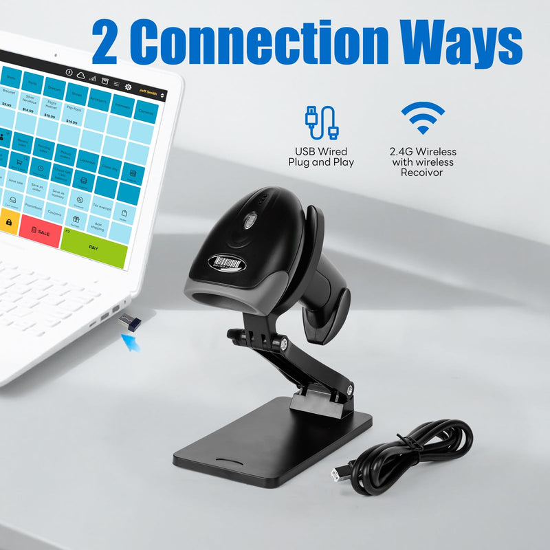 QR Code Scanner with Foldable Stand, 1D 2D Barcode Scanner 2.4G Wireless & USB Wired Connection, Handheld CMOS Image Bar Code Reader for Warehouse Library Supermarket