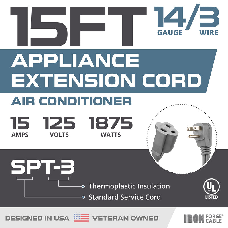Iron Forge Cable 15 ft Appliance Extension Cord Gray 14/3 Heavy Duty - Flat Plug & Flat Cable 15 Amp 3 Prong SPT-3 for Major Home Appliances, 14 AWG 15 Foot