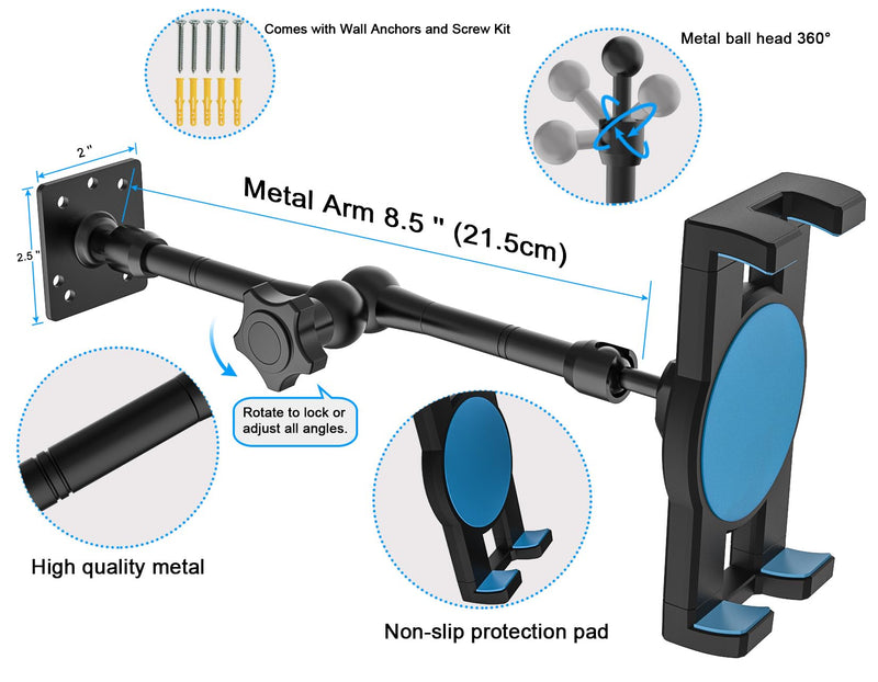 Adjustable Wall Tablet Holder, Tablet Swivel Arm Wall Mount, Drill Base Metal iPad Stand for Kitchen/Bed Room/Counter for 4-12.9" Tablets & Phones, iPad Pro Air Mini, Galaxy Tab, Switch, iPhone Level 2 Long Arm