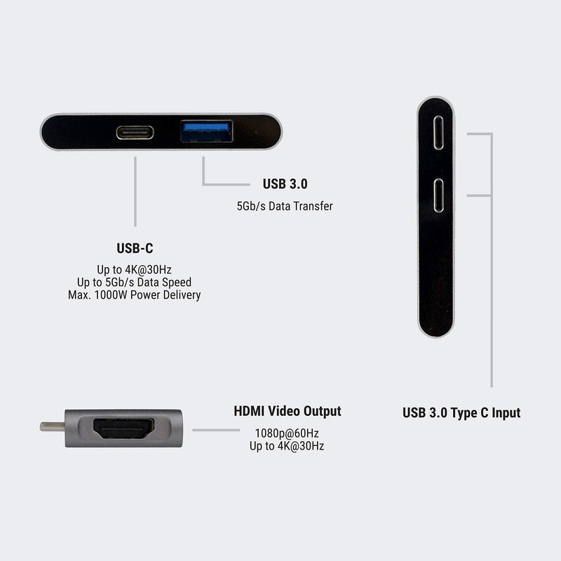 HomeSpot 3-in-1 USB Type-C Hub with HDMI 4K Video Output & USB 3.0 Port Ultra Slim for MacBook Pro MacBook Air with Case on - Grey Mini USB C Hub - Grey