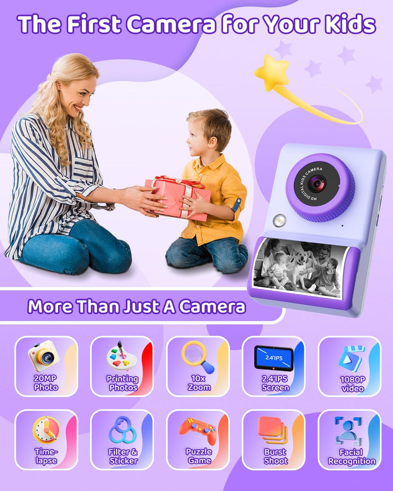 Kids Camera Instant Print, 20MP 1080P Video Instant Print Camera for Kids with 32GB SD Card, 240 Photos Printing, Face Recognition, ABS Durable, Christmas Birthday Gifts for Ages 3-12 Purple