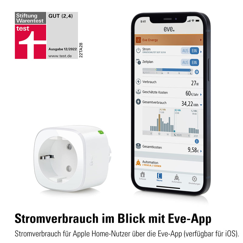 Eve Energy (Matter) – Smart socket, Matter & Thread, TÜV certified, Stiftung Warentest: good, works with Apple Home, Alexa, Google Home, SmartThings, Thread Border Router required Eve Energy (Matter) Single