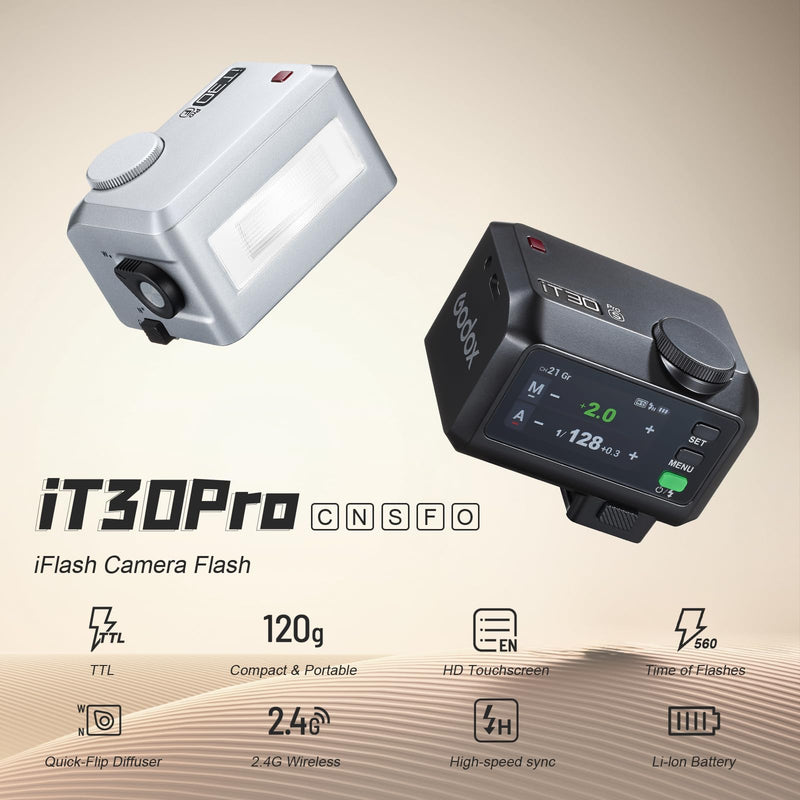 GODOX IT30Pro S TTL Mini Flash Kit Portable IT30ProS with White Diffuser for Sony 2.8" Full-Color Touchscreen Speedlite HSS 1/8000s 2.4G Wireless X System Trigger for Godox Flash(Silver) IT30P-S Silver