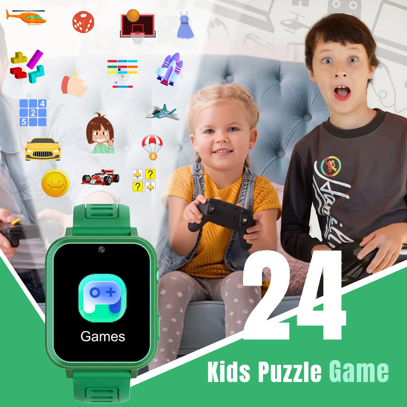 Kids Game Smart Watch Boys with 24 Puzzle Games Camera Video Player Pedometer Alarm Clock Calculator Flashlight 12/24 hr HD Touch Screen Kids Watches Toys for 7 8 9 10 11 12 Year Old Boys Green