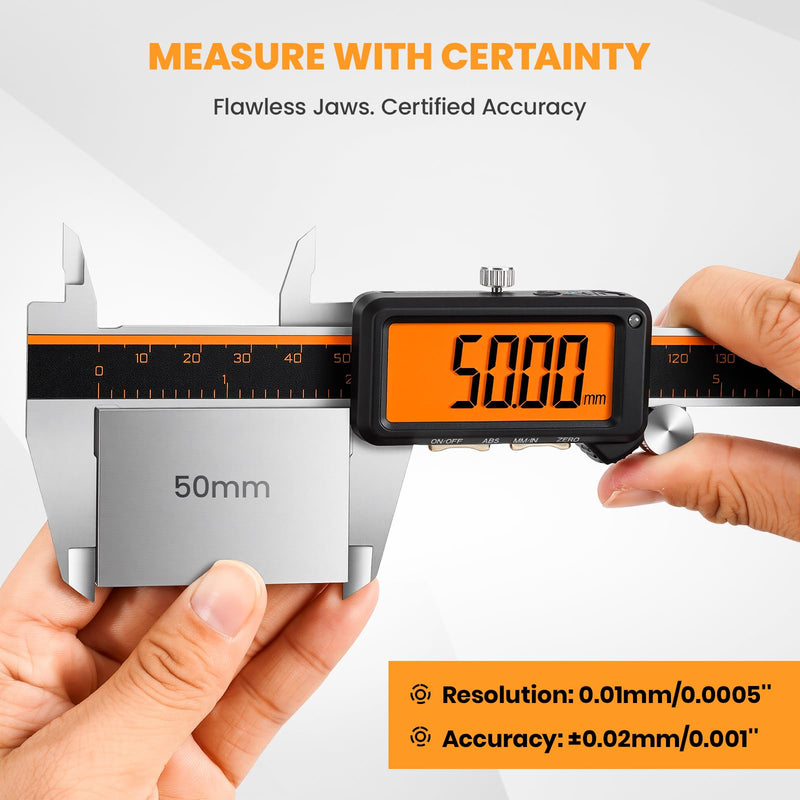 HARDELL Digital Caliper, Rechargeable Calipers with Large Orange Screen (No Backlight), Anti-Glare LCD & ABS Function, in/MM Caliper Measuring Tool, Stainless Steel Micrometer -Auto Off for Household Bright Orange