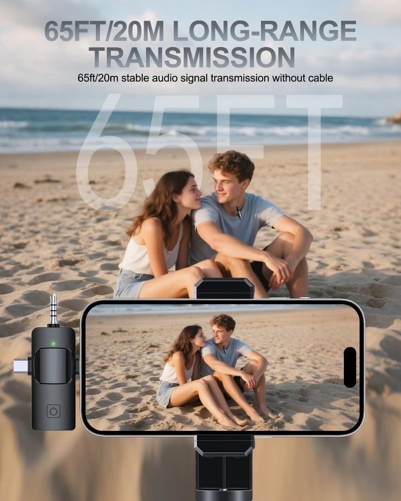PQRQP 3 in 1 Professional Wireless Lavalier Microphone for iPhone, Android, Camera, Wireless Mini Microphones, Crystal Clear Sound Quality for Recording, Live Streaming, YouTube, TikTok, Elegant Black